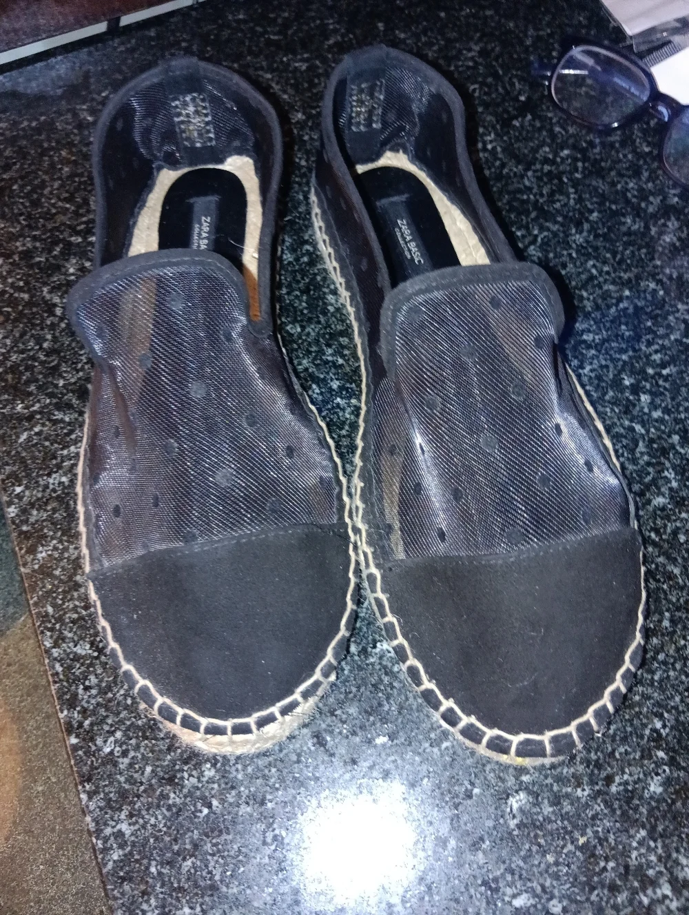 Zara Basic Black Polka Dot Mesh Espadrilles - Plumetis Slip-Ons Size 38
